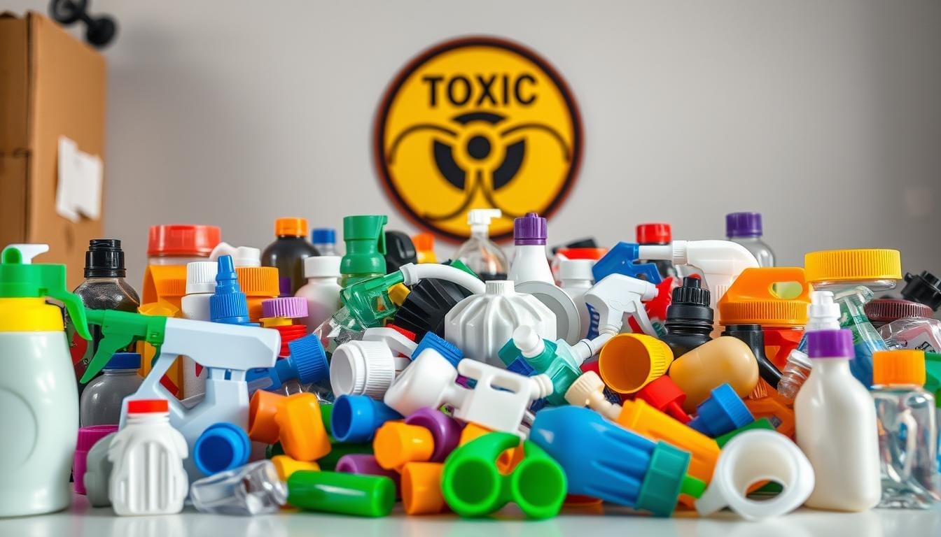 A close-up photograph showcasing a diverse array of household plastics in various shapes, sizes, and colors. The items are carefully arranged on a clean, white background, allowing each one to be examined in detail. Soft, even lighting illuminates the scene, emphasizing the textures and subtle hues of the plastics. The image has a clinical, investigative feel, inviting the viewer to scrutinize and identify the potentially harmful materials. The composition is balanced and organized, guiding the eye to analyze the different plastic types and their potential dangers. Dangers of Household Plastics: Thousands of Deaths Worldwide