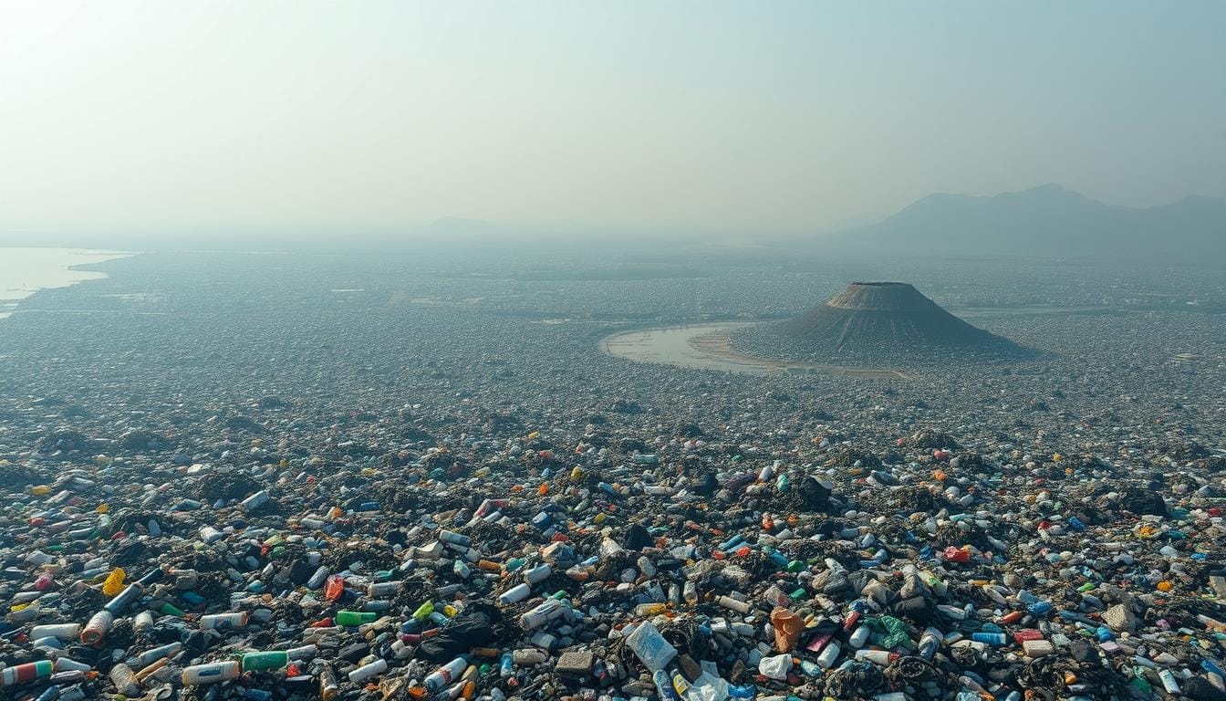 A vast, sprawling landscape of plastic pollution, stretching across the globe. In the foreground, a seascape littered with discarded bottles, bags, and packaging, choking the waters and entangling marine life. The middle ground reveals cities and towns drowning in a sea of plastic waste, with towering mountains of discarded refuse. In the background, a hazy, polluted sky, casting a somber, ominous tone over the scene. The lighting is harsh, casting dramatic shadows, emphasizing the scale and severity of the problem. Shot with a wide-angle lens to capture the overwhelming scale of the crisis, the image conveys a sense of hopelessness and the urgent need for action to address this worldwide environmental disaster. Dangers of Household Plastics: Thousands of Deaths Worldwide