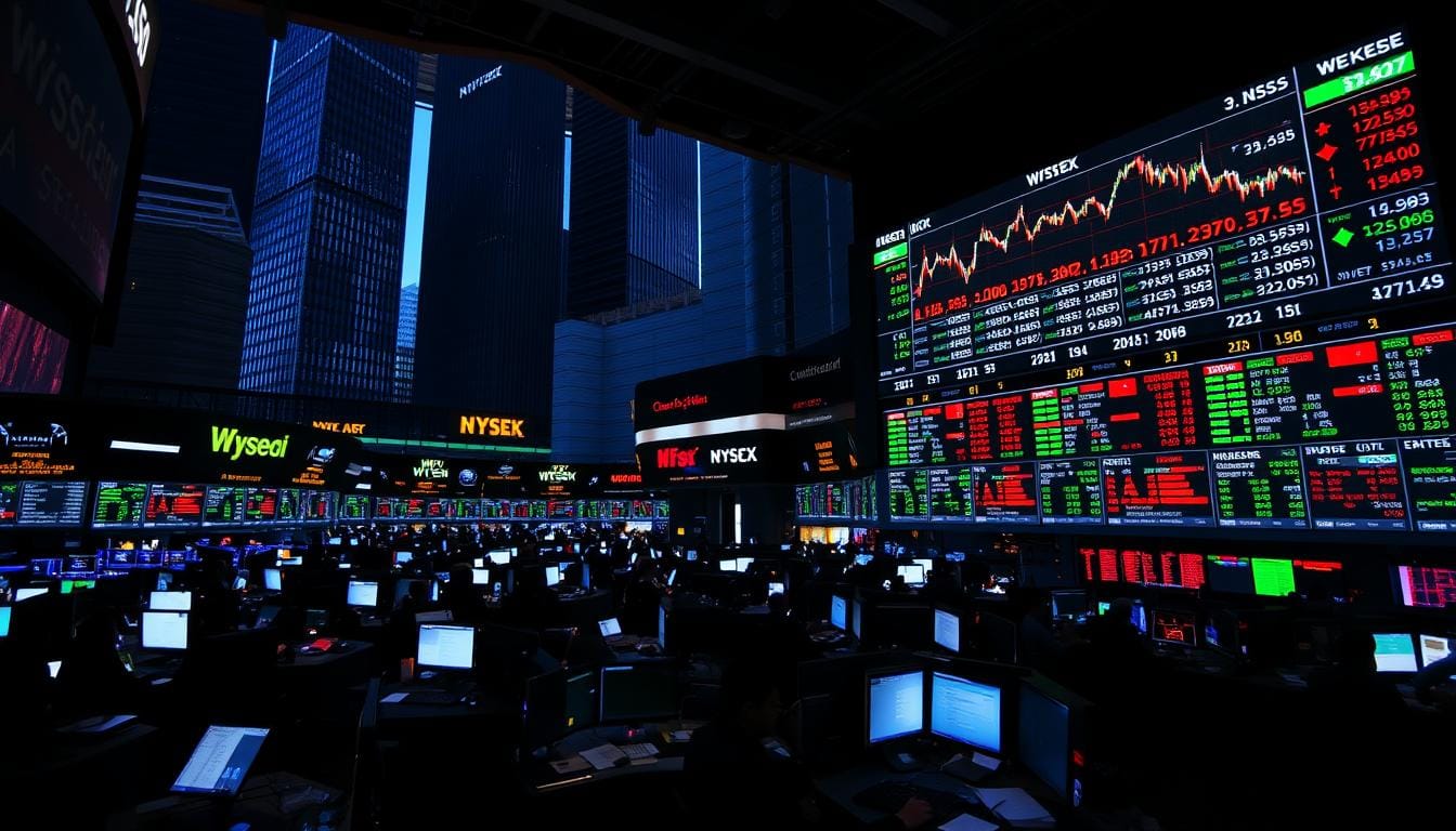 A bustling stock market trading floor, with brokers and analysts intently focused on their screens, displaying a chaotic array of financial data and stock tickers. In the foreground, a large projection screen showcases a range of economic indicators, including GDP figures, employment statistics, and consumer sentiment data. The lighting is harsh and clinical, casting dramatic shadows across the scene, evoking a sense of urgency and high-stakes decision-making. The background features towering skyscrapers, hinting at the broader economic landscape that shapes these market reactions. The overall atmosphere is one of tension and uncertainty, as the fate of the economy hangs in the balance. Trump Puts Blame on Biden as Economy Shrinks