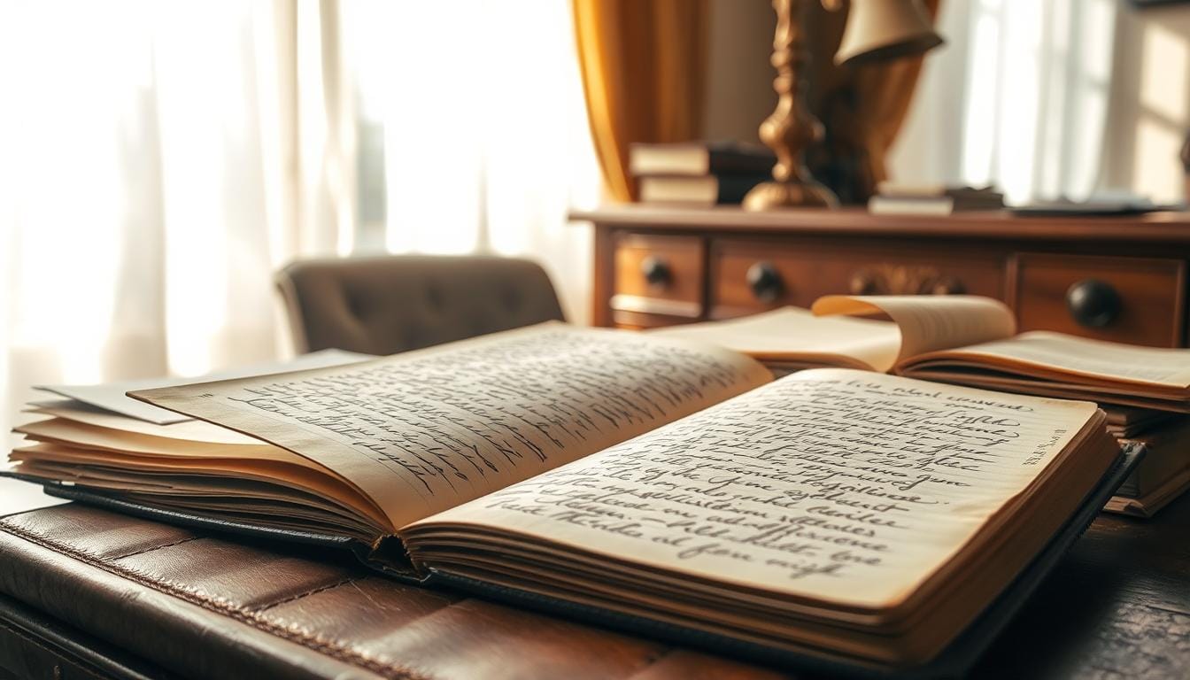 A dimly lit study, sunlight filtering through aged curtains, casts a warm glow on a carefully curated collection of handwritten letters and journals. In the foreground, a weathered leather-bound book lies open, its yellowed pages revealing the faded ink of a bygone era. Delicate fingers gently caress the fragile sheets, the act of preservation a reverent dance with time. In the background, a well-worn oak desk supports an antique brass lamp, its flickering flame illuminating the room's timeless ambiance. The scene evokes a sense of history, of cherished memories preserved, and the enduring power of the written word. How to Write a Letter That Will Matter in 100 Years