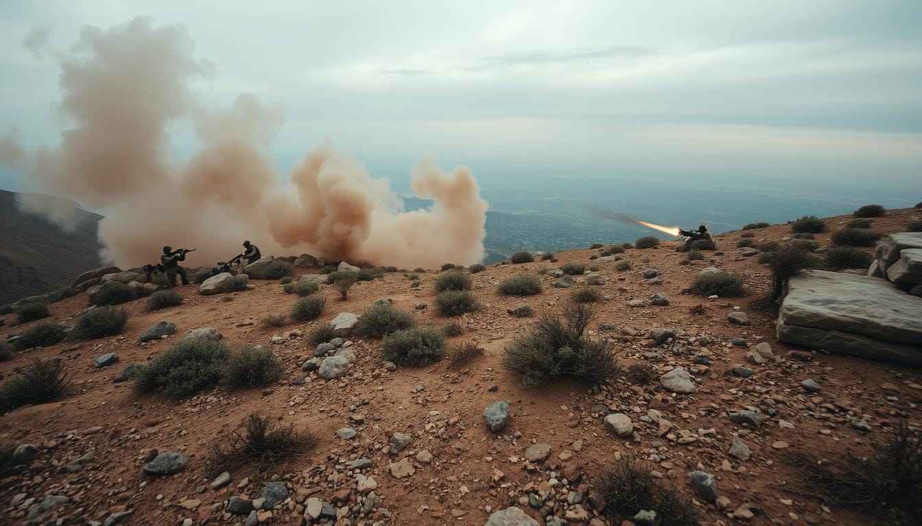 A vast, hilly landscape with rocky terrain, shrubs, and sparse vegetation. In the foreground, a military engagement is unfolding - heavily armed soldiers from opposing forces exchange fire, taking cover behind boulders and sandbags. Billowing clouds of dust and smoke fill the air, obscuring the view. The sky is overcast, with a distant horizon hazy in the fading light. The scene is captured with a cinematic wide-angle lens, conveying a sense of scale and intensity to the military clash. The overall mood is one of tension, conflict, and the harsh realities of war along a contested border. Pakistan-India War indo-pak conflict kashmir dispute military tensions border dispute