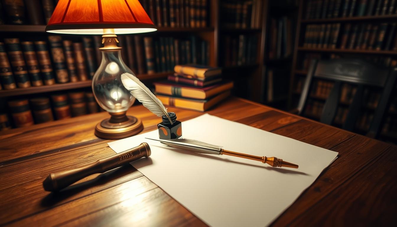 A well-lit wooden desk, the surface adorned with an antique quill, a glass inkwell, and a blank sheet of parchment. A warm lamp casts a cozy glow, illuminating the serene scene. In the background, bookshelves filled with leather-bound volumes create a sense of thoughtful contemplation. The camera angle captures the scene from a slightly elevated perspective, emphasizing the importance of the letter-writing process. The overall mood is one of focused dedication, inviting the viewer to thoughtfully craft a meaningful message that will stand the test of time. How to Write a Letter That Will Matter in 100 Years