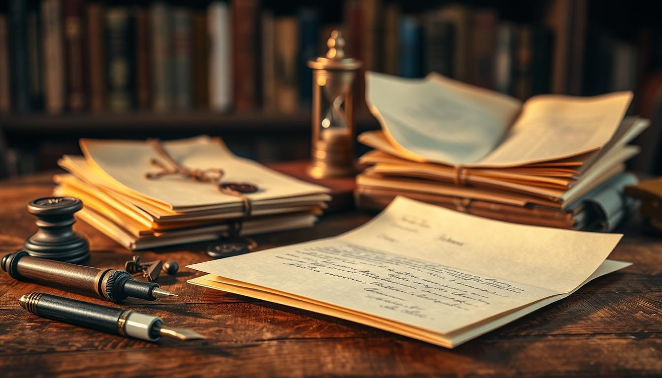 A whimsical still-life scene of visual storytelling in letters. In the foreground, an open letter on a wooden desk, the paper's texture accentuated by warm side-lighting. Scattered around it, an assortment of vintage writing implements - a calligraphy pen, an inkwell, and a wax seal stamper. In the middle-ground, a stack of aged parchment and a small brass hourglass, creating a sense of the passage of time. The background is softly blurred, hinting at a cozy, bookshelf-lined study, evoking a timeless, contemplative atmosphere. The overall composition invites the viewer to imagine the stories these letters might hold, and the lasting impact they could have. How to Write a Letter That Will Matter in 100 Years