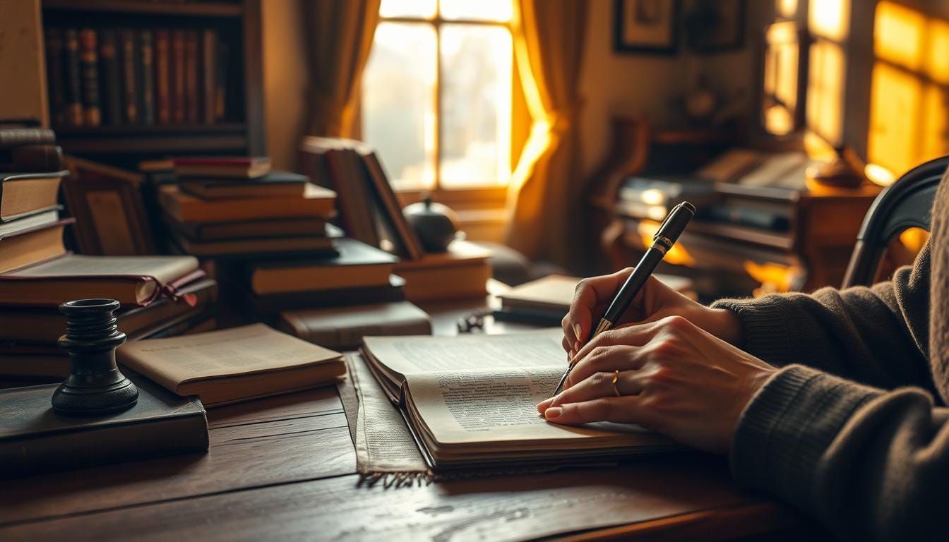 Engaging storytelling: a cozy study, soft golden light spilling through a window, casting warm shadows on a wooden desk cluttered with well-worn books, ink-stained pens, and a leather-bound journal. In the foreground, a pair of hands tenderly crafting words, weaving a tale that captivates the mind and stirs the soul. The scene exudes a sense of timeless contemplation, where the boundaries between reality and imagination blur, allowing the reader to become immersed in a world of captivating narrative. How to Write a Letter That Will Matter in 100 Years
