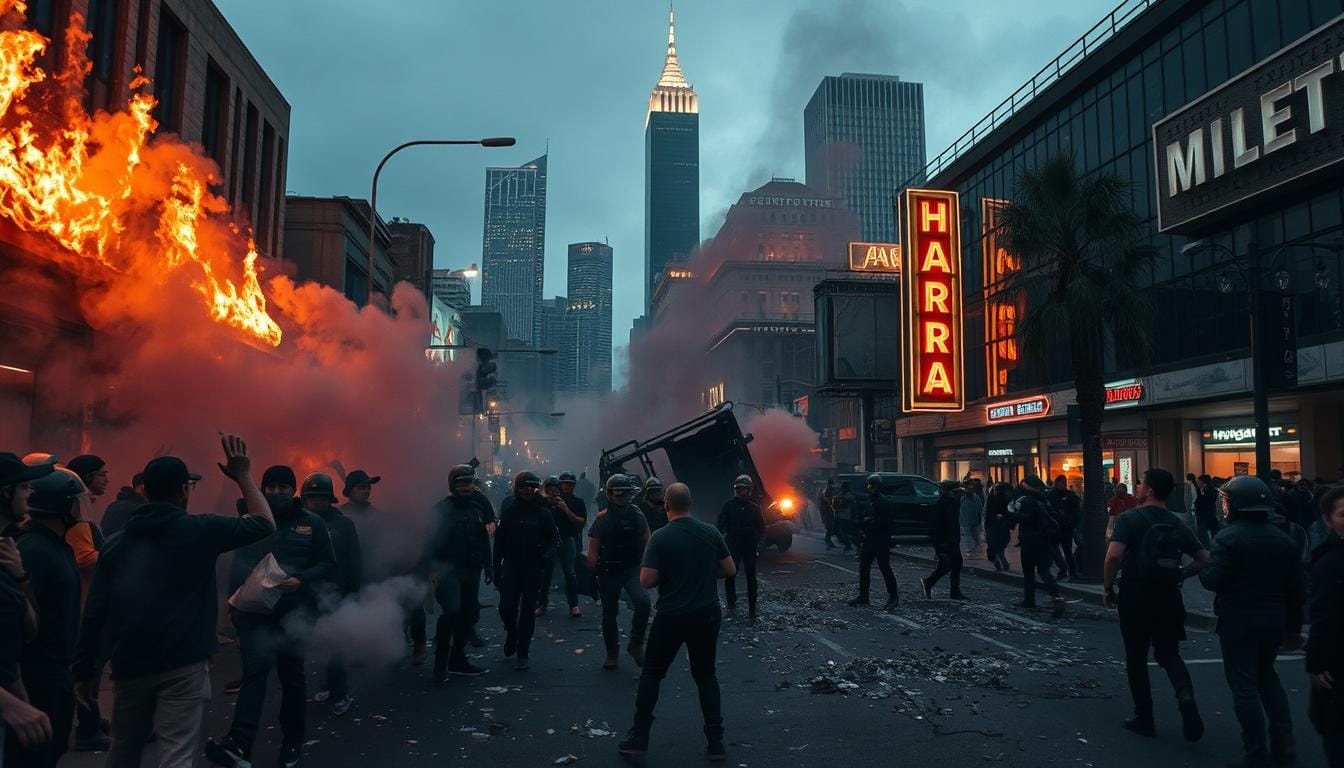 A chaotic scene unfolds on the streets of Los Angeles. LA Riots Over New Immigration Reform