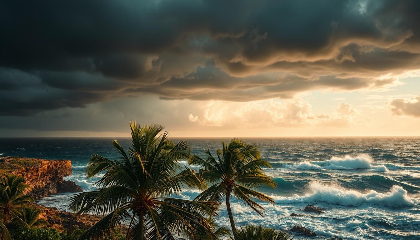 A tropical storm rages over a vibrant, sun-drenched seascape. Roiling clouds in shades of charcoal and indigo blanket the horizon, their edges tinged with golden rays of sunlight. Swirling bands of wind and rain lash the churning ocean below, sending whitecaps crashing against rocky cliffs. In the middle ground, palm trees sway precariously, their fronds rustling in the howling gusts. The storm's powerful presence is captured through dramatic cinematic lighting, with deep shadows and dramatic highlights that accentuate the dynamic movement of the scene. This is Tropical Storm Cosme, a powerful weather system that commands attention against the backdrop of a lush, tropical paradise. Tropical Storm Barbara: Life Threatening Hurricane