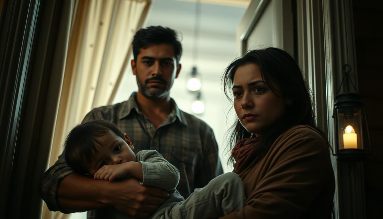A warm, comforting family taking shelter together during a civil unrest. In the foreground, a mother holds her young child close, their expressions conveying a sense of worry yet determination. In the middle ground, the father stands vigilant, one hand on the front door, ready to protect his loved ones. The background shows a dimly lit interior, with curtains drawn and the faint glow of a lantern casting a soft, homely light. The atmosphere is tense yet resolute, as the family bands together to weather the storm outside, their bond and resilience shining through. Tips to Safeguard Your Family in Civil Unrest