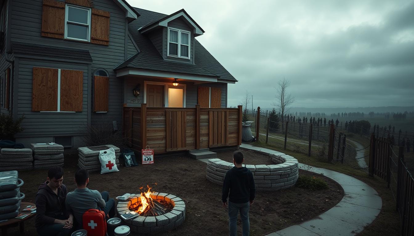 A well-lit, high-angle view of a residential home with boarded-up windows and a sturdy wooden barricade across the front door. The sky is overcast, casting a somber tone. In the foreground, a family gathers around a small fire pit, their expressions tense but resolute. Nearby, a first-aid kit and emergency supplies are neatly organized. The middle ground features a winding path leading to the home, with sandbags and wire barriers suggesting a state of heightened security. In the background, ominous silhouettes of figures move in the distance, hinting at the civil unrest beyond the fortified property. Tips to Safeguard Your Family in Civil Unrest
