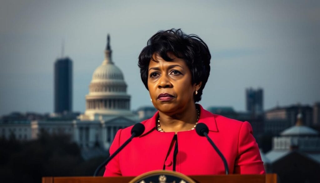 A dignified, serious-faced Mayor Bowser stands at a podium, positioned in the foreground with a focused, determined expression. The background features the Washington, DC skyline, with the Capitol building visible in the distance, casting a solemn, authoritative tone. Soft, directional lighting illuminates the mayor's face, creating subtle shadows that convey a sense of gravity and leadership. The composition is framed with a slight angle, suggesting a sense of urgency and the weight of the situation. The overall mood is one of resolute, professional response to the unfolding events in the city. National Guard Deployed to Assist DC Police in Restoring Order