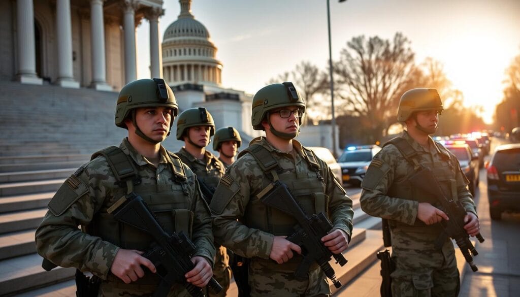 A squad of National Guard soldiers in full combat gear, their faces focused and determined, stands guard outside the United States Capitol building. The afternoon sun casts long shadows across the steps, creating a sense of solemnity and vigilance. In the background, police vehicles with flashing lights line the streets, indicating the need for heightened security measures. The scene conveys a palpable tension, with the guardsmen ready to assist the local police in maintaining order and restoring calm to the nation's capital. National Guard Deployed to Assist DC Police in Restoring Order