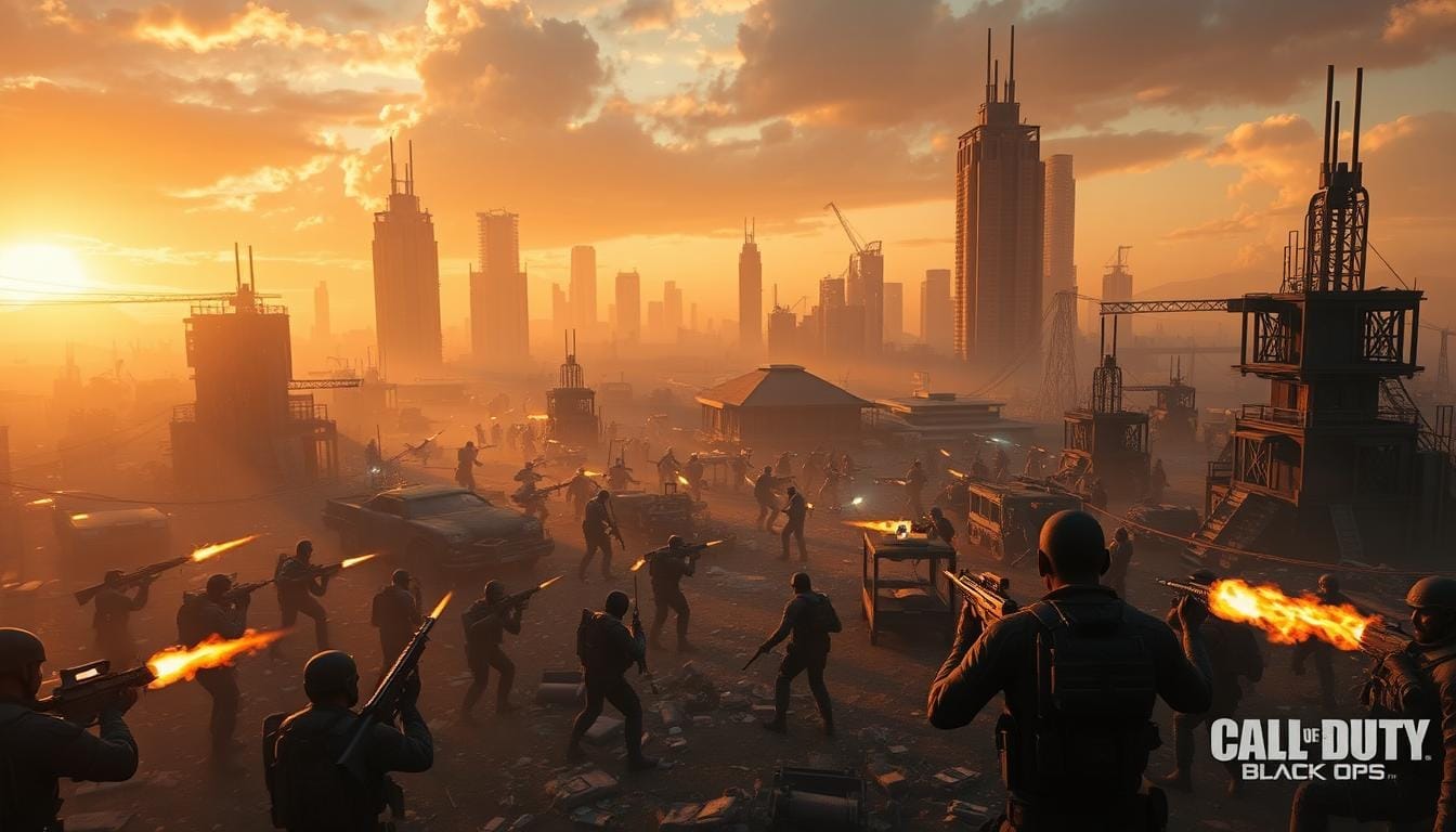 A vast, expansive battlefield set in a post-apocalyptic cityscape, illuminated by the warm glow of sunset. In the foreground, heavily armed soldiers engage in intense combat, their weapons blazing with muzzle flashes. In the middle ground, a diverse array of gameplay modes unfold, from frantic team-based skirmishes to strategic objective-based encounters. The background is dominated by towering skyscrapers and crumbling infrastructure, casting dramatic shadows and creating a sense of scale and immersion. The overall atmosphere is one of high-octane action, cinematic intensity, and the thrill of a new season of content for the popular Call of Duty: Black Ops Zombies experience. Call of Duty Black Ops 6 Zombies Season 5