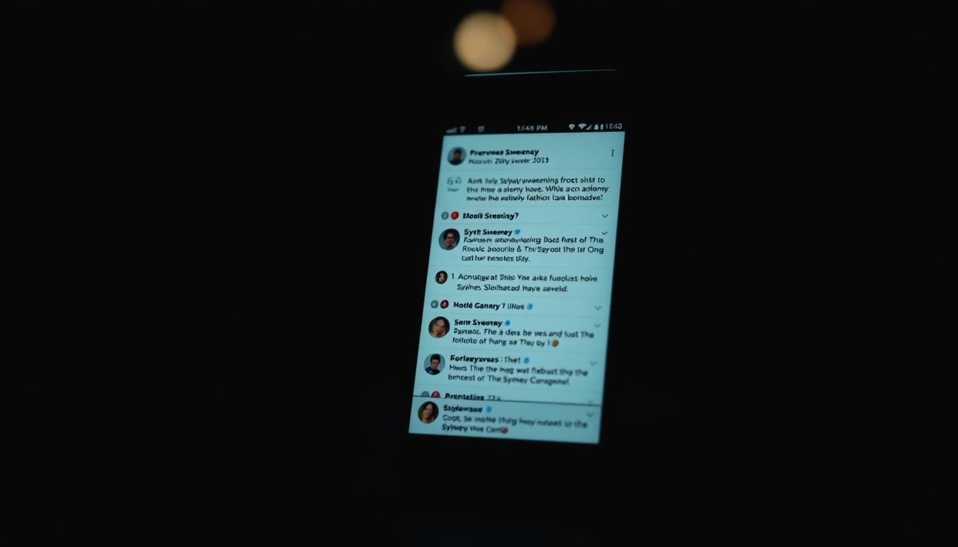 a photo of a social media feed on a smartphone screen, displaying numerous comments and reactions to a controversial celebrity fashion moment, captured in a dimly lit, moody atmosphere with a shallow depth of field. The feed shows a mix of polarized opinions, ranging from outrage and moral condemnation to amusement and defense, creating a visually striking and emotionally charged representation of the public discourse surrounding the event. Sydney Sweeney's Jeans Ad Sparks Debate