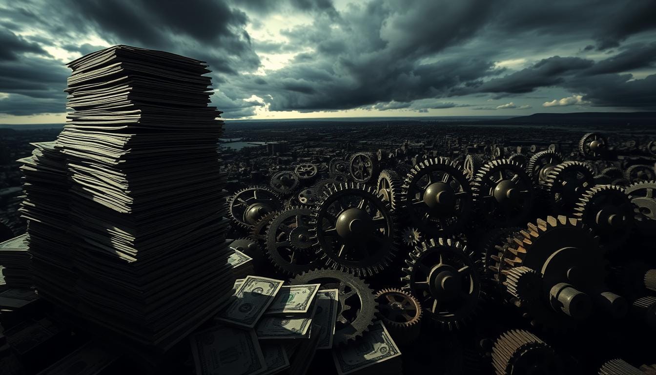 A dramatic wide-angle shot depicting the impact of tariffs on inflation. In the foreground, a towering stack of dollar bills symbolizing rising prices, casting long shadows across the scene. In the middle ground, a complex web of interconnected gears and cogs, representing the intricate mechanisms of the economy, grinding to a halt. In the background, a distant horizon line obscured by ominous storm clouds, hinting at the looming economic uncertainty. Dramatic chiaroscuro lighting, emphasizing the tension and turbulence of the moment. The overall mood is one of unease and foreboding, reflecting the challenges faced by the U.S. economy. Stocks Boom as Economy Struggles: Explaining the Paradox