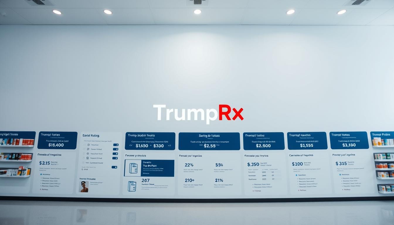 A modern, minimalist website interface featuring the "TrumpRX" logo prominently displayed in the center. The layout is clean and well-organized, with various product categories and pricing information arranged in a grid-like fashion. The color scheme is a professional mix of blues, grays, and whites, conveying a sense of trustworthiness and reliability. The overall impression is of a user-friendly, government-backed platform for purchasing affordable medications. The scene is lit by soft, indirect lighting, creating a calm and inviting atmosphere. The camera angle is slightly elevated, giving a broad, panoramic view of the website design. TrumpRX