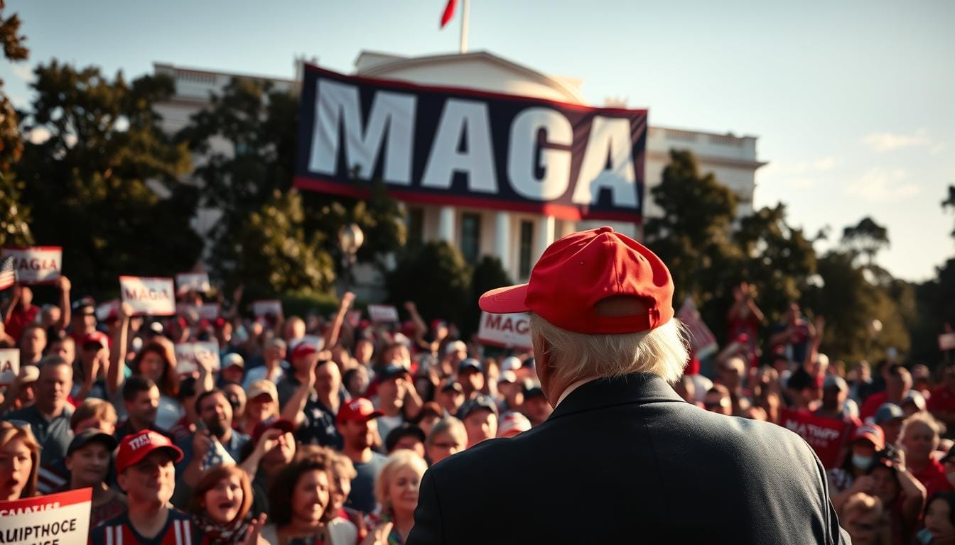 A towering figure in the foreground, dressed in a signature red cap, rallying a passionate crowd beneath the iconic "MAGA" banner. In the middle ground, supporters clad in patriotic attire, their faces alight with fervent energy. The background subtly evokes the grandeur of the White House, a powerful symbol of the movement's political ambitions. The scene is illuminated by a dramatic, almost cinematic lighting, casting long shadows and creating a sense of heightened drama. The overall atmosphere is one of unwavering determination, a visual representation of the MAGA movement's unyielding spirit and its influential role in the political landscape. Charlie Kirk's White House Ties