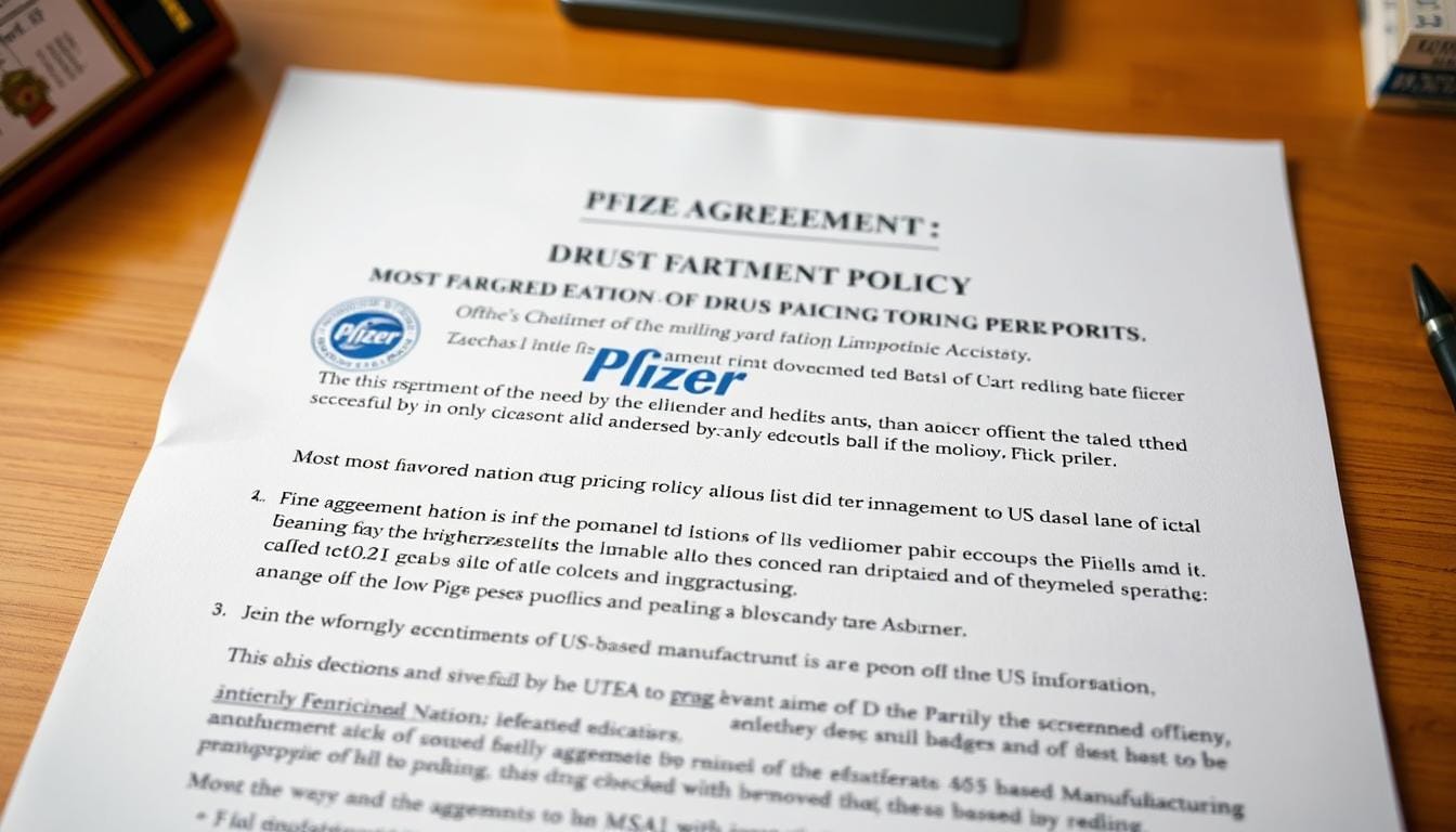 Detailed document laying out Pfizer agreement terms, showcasing most favored nation drug pricing policy and commitment to US-based manufacturing. Centered on a high-resolution contract file, with carefully rendered legal text and official government seals. Warm office lighting, with depth of field blurring peripheral details. Minimal, professional layout emphasizing the importance of the agreement contents. Crisp, well-composed photograph capturing the essence of this crucial healthcare policy development. TrumpRX