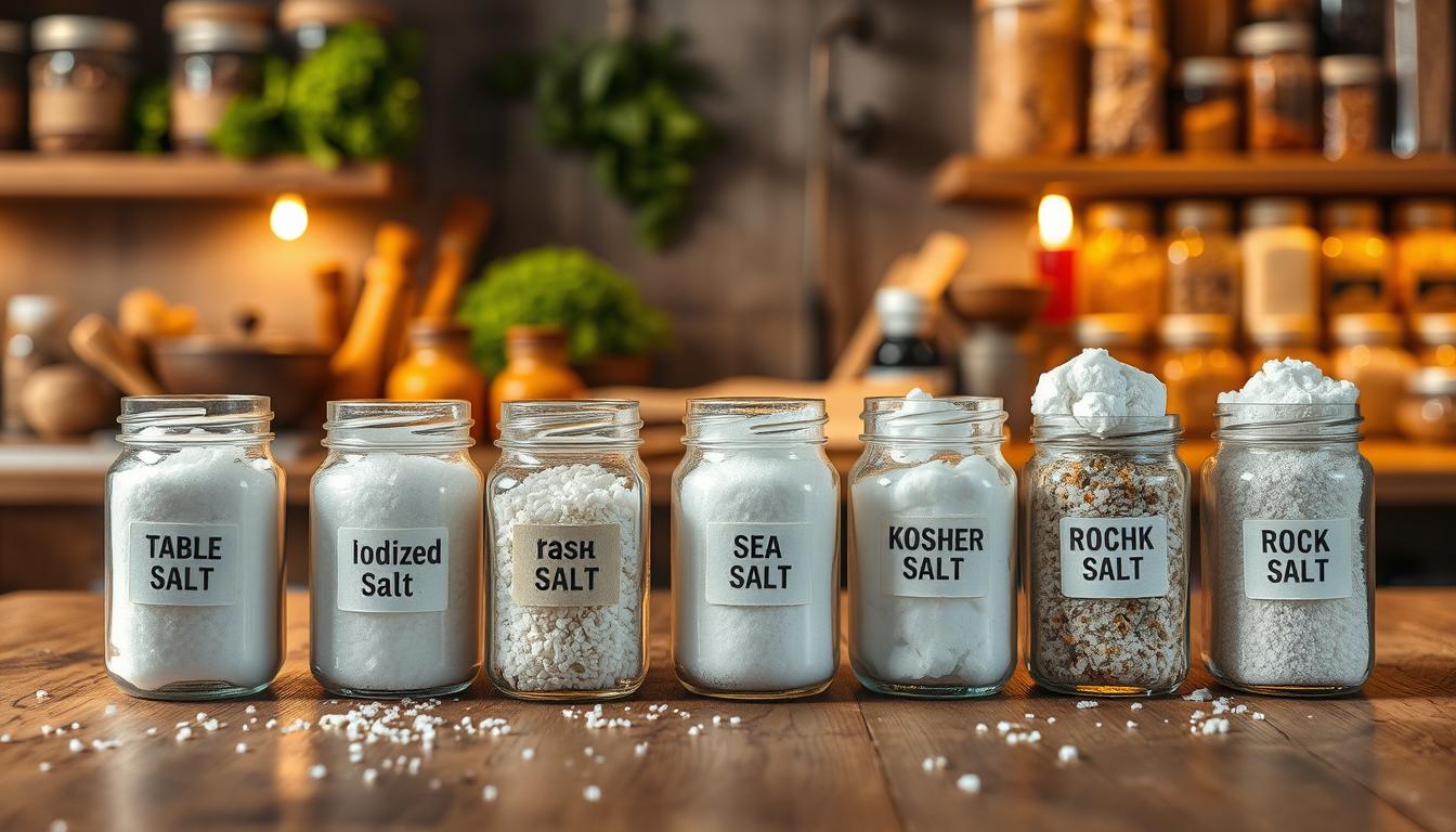 A beautifully arranged display of various types of salt highlighting their unique textures and colors. In the foreground, a wooden table hosts small glass jars filled with table salt, iodized salt, sea salt in coarse grains, kosher salt, and rough rock salt. Each jar is labeled and illuminated by soft, warm lighting that enhances the salt's natural sparkle. In the middle ground, a rustic kitchen scene is visible with herbs and spices creating a homely atmosphere. The background features shelves lined with more jars, complementing the theme of prep storage. The overall mood is inviting and educational, perfect for showcasing the importance of different salt types in a prepper's stockpile. Use a shallow depth of field to focus primarily on the salts while gently blurring the background elements.