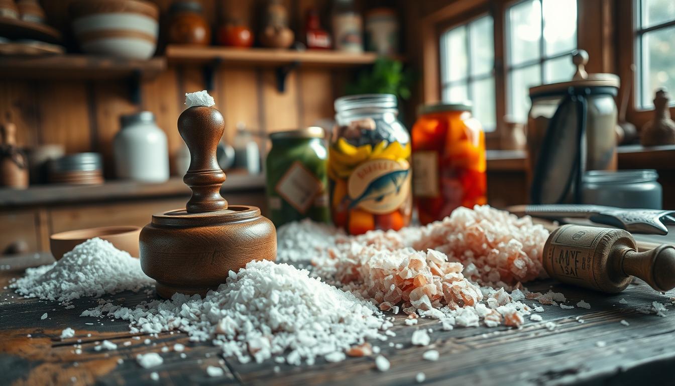 A rustic wooden tabletop is cluttered with various types of salt, including coarse sea salt, fine table salt, and colorful Himalayan salt. In the foreground, a beautifully crafted wooden salt cellar sits open, revealing its contents. In the middle ground, jars of preserved salt-cured foods, such as vegetables and fish, demonstrate the utility of salt in food storage. The background features a warm, vintage kitchen, with shelves lined with salt-related items and a soft, natural light filtering through a window, creating a cozy, inviting atmosphere. A slightly tilted view enhances dimensionality, while a focus on the textures of the salt and wood evokes a sense of tradition and value. The mood is practical yet wholesome, illustrating the essential role of salt in prepper culture.