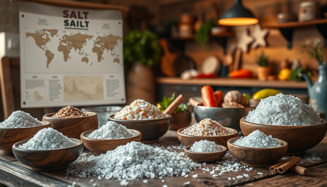A visually rich composition illustrating the multifaceted history and modern-day uses of salt, layered thoughtfully. In the foreground, a rustic wooden table displays various forms of salt: sea salt, Himalayan pink salt, and rock salt, alongside wooden bowls filled with spices. In the middle ground, an illustrated timeline traces the historical significance of salt, highlighting ancient trade routes and its role in preserving food, with sepia-toned maps. The background showcases a modern kitchen where salt is used in cooking, surrounded by fresh ingredients like vegetables and meats. Soft, warm lighting illuminates the scene, creating a cozy, inviting atmosphere. A shallow depth of field enhances focus on the foreground, evoking a sense of nostalgia and reverence for salt's enduring value as a prepper's essential resource.