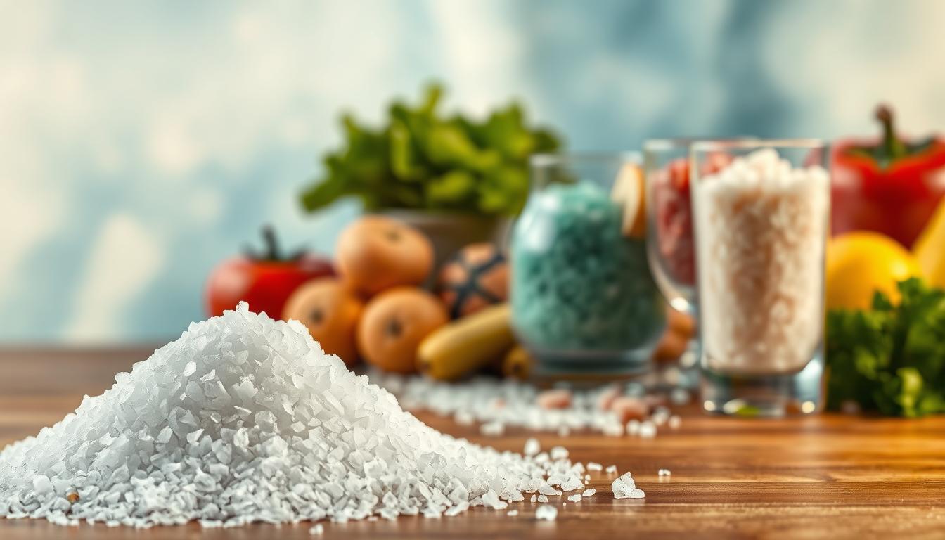 A visually striking composition showcasing the benefits of salt for human health. In the foreground, a crystalline mound of salt sparkles under a soft, warm light, with fine grains cascading onto a wooden surface. The middle ground features elegant glass containers filled with colorful salts, representing various mineral types, alongside fresh vegetables and fruits to signify balanced nutrition. In the background, a blurred gradient of blues and greens symbolizes hydration and vitality, evoking the essential role of electrolytes for nerves and muscles. The overall mood is serene and informative, with gentle natural lighting emphasizing the textures and colors, captured with a shallow depth of field to draw focus on the salt and its health benefits.