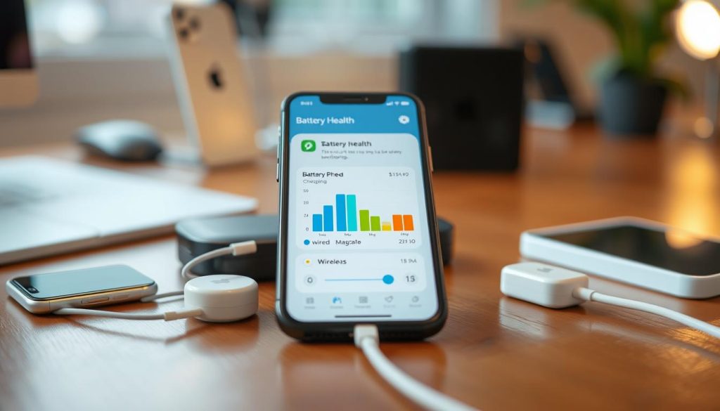 A close-up of an iPhone 17 showcasing its battery health interface and charging speed optimization features. In the foreground, the iPhone screen displays a detailed battery health metric with vibrant icons and graphs representing charging speeds: wired, MagSafe, and wireless. The phone is set on a sleek wooden desk, surrounded by high-tech charging accessories. In the middle ground, a charging cable connects to the device, emphasizing the different charging methods. The background features a soft-focus, modern tech workspace, with warm ambient lighting creating a professional atmosphere. The perspective is slightly angled to capture both the phone and its surrounding elements, emphasizing a sense of innovation and efficiency in battery management. MagSafe Charging iPhone 17
